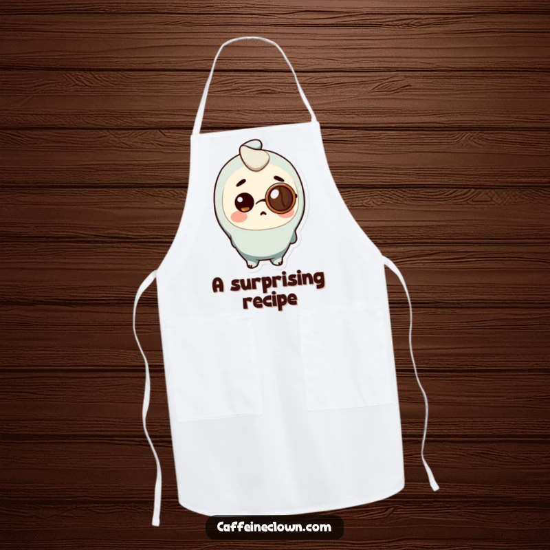 Funny Apron with a character wearing a coffee bean monocle, looking surprised, great for cooking.