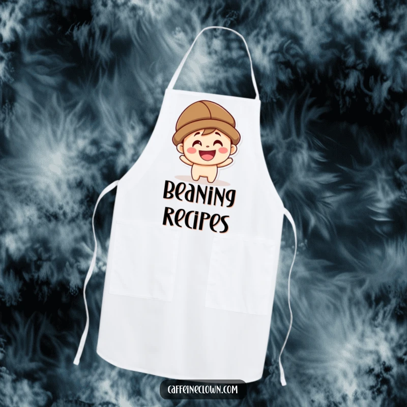 Funny kawaii character with a coffee bean hat, smiling, featured on a practical and stylish apron.