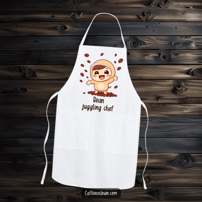 Funny apron featuring a smiling character energetically juggling coffee beans, ideal for home cooks who love coffee and a good laugh.
