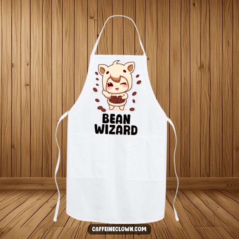 Funny Apron: Character winking playfully while juggling coffee beans, ideal for kitchen fun and coffee lovers.