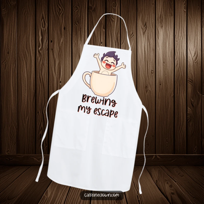 Funny apron showing a character leaping out of a coffee mug, perfect for kitchen adventures and humorous cooking sessions.