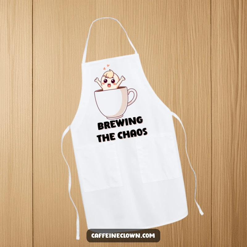 Funny Apron: A startled character leaps out of a giant coffee cup, illustrated humorously for kitchen fun and spills protection.