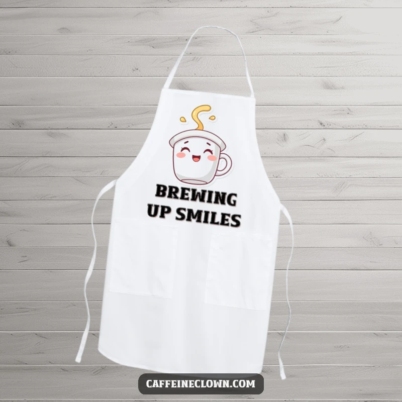 Funny Apron with a character whose hat is a coffee mug, spilling joyful steam, designed for kitchen use.