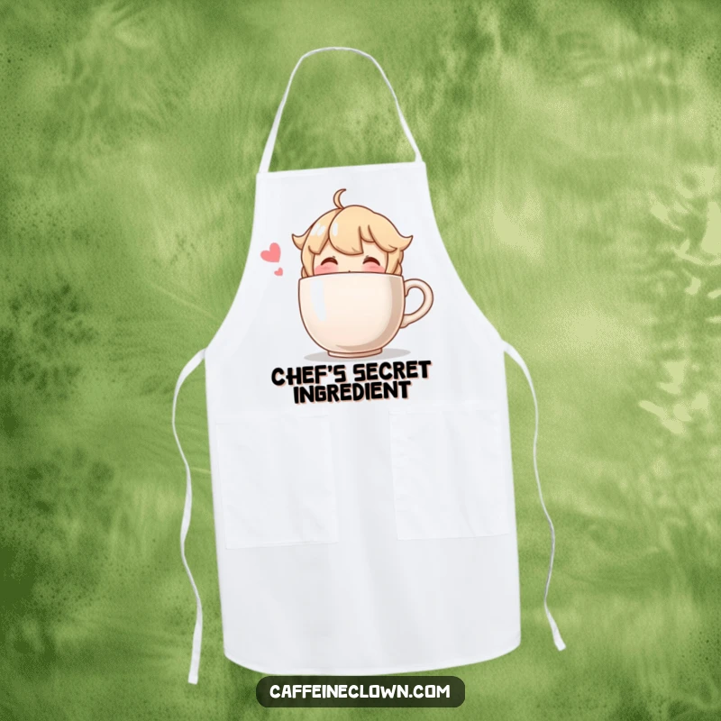 Funny apron depicting a blushing character happily sipping from a comically oversized coffee cup, perfect for kitchen duties.