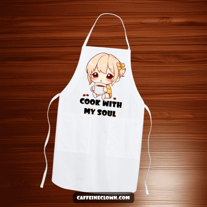 Funny Apron showing a character delighting in coffee aroma while cooking, a humorous kitchen essential for coffee fans.