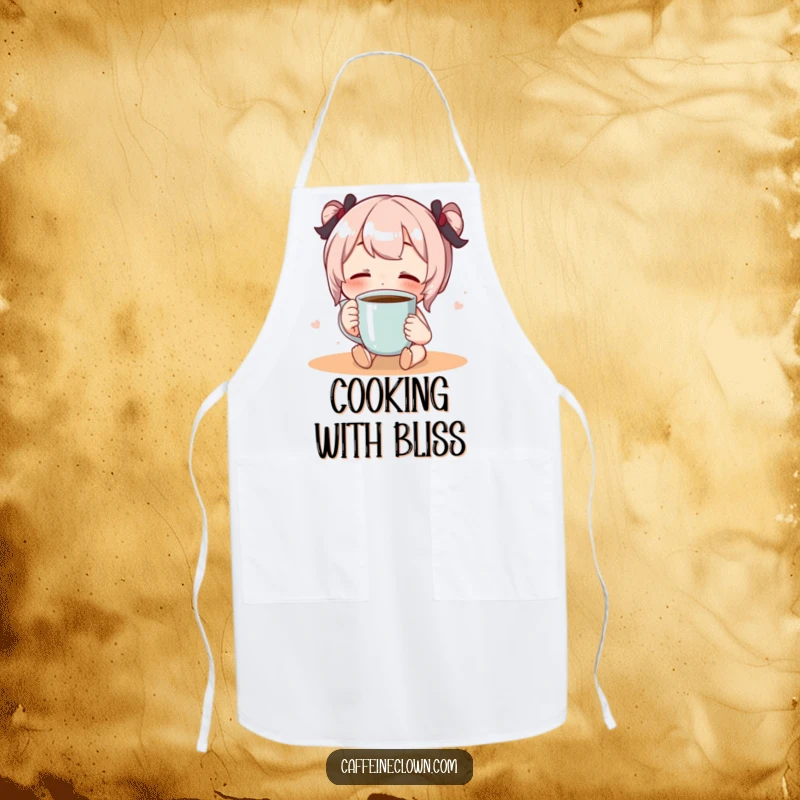 Funny apron with a character sipping coffee with eyes closed in pure bliss, perfect for kitchen attire.