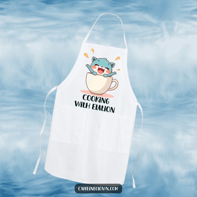 Funny apron featuring a delighted character bursting from a steaming coffee cup, perfect for joyful cooking and kitchen protection.