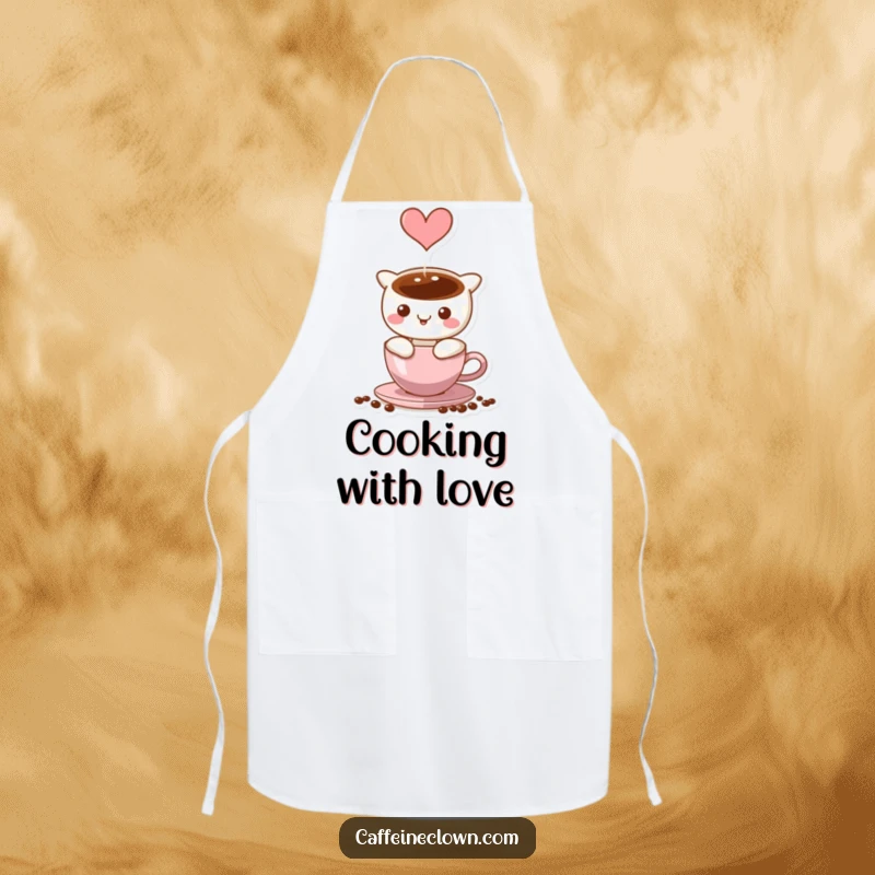 Funny Apron showing coffee steam creating a heart shape above a cup, perfect for romantic kitchen sessions.