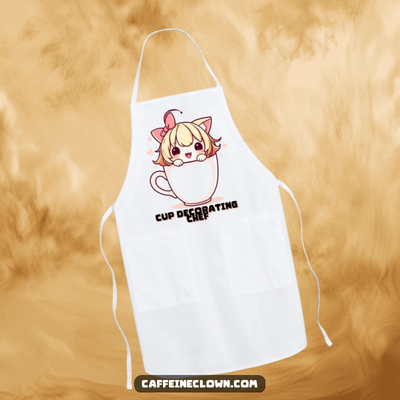 Funny apron featuring a cute character adorning a coffee cup with a playful flourish, perfect for kitchen wear.