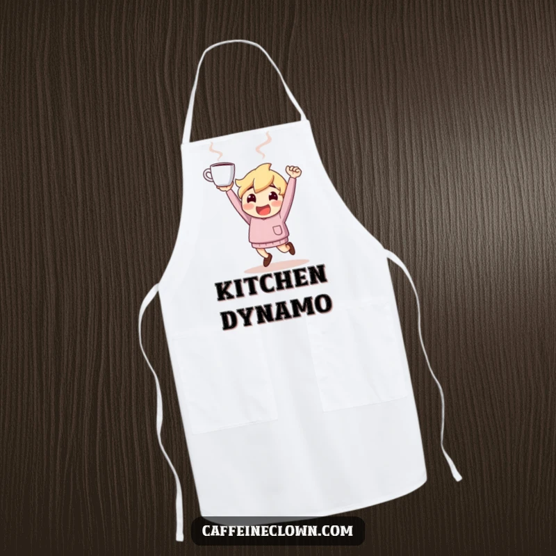 Funny Apron: Character bounces with infectious energy, holding a steaming coffee cup high, perfect for an active cook.
