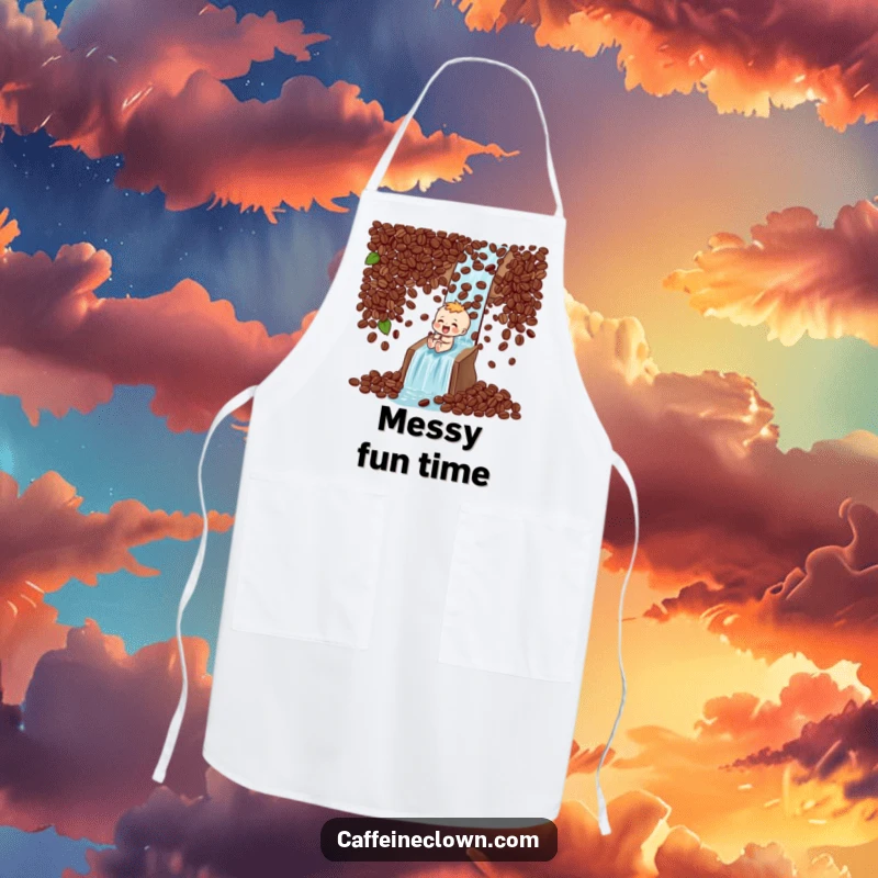 Funny Apron: Character laughs while sliding down a waterfall of coffee beans, perfect for an adventurous cook.