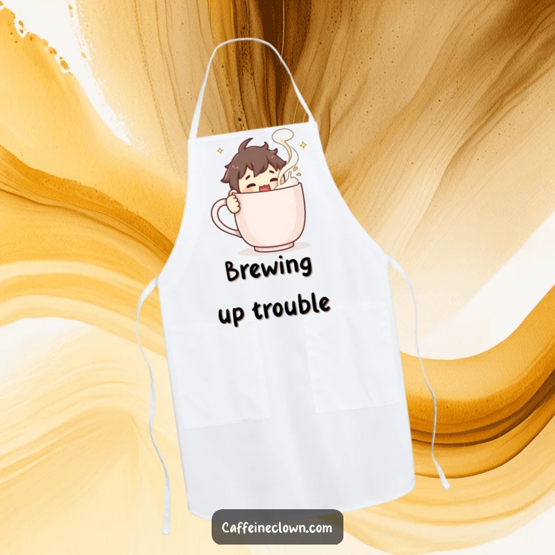 Funny Apron: Character enthusiastically stirs a giant steaming coffee mug, froth flying wildly, perfect for a messy coffee lover.