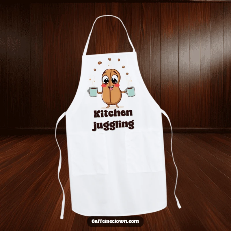 Funny Coffee Bean Apron: A hyperactive coffee bean juggles steaming mugs while cooking, a humorous kitchen accessory.