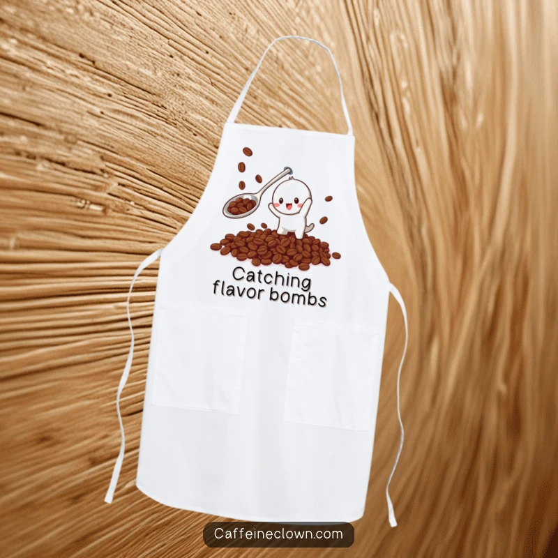 Funny apron with a playful character using a giant spoon to catch falling coffee beans, perfect for kitchen fun and humor.
