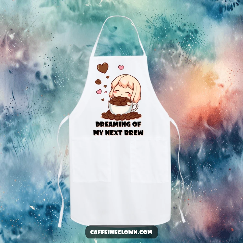 Funny apron featuring a character dreaming of coffee beans and hearts, perfect for humorous kitchen attire.