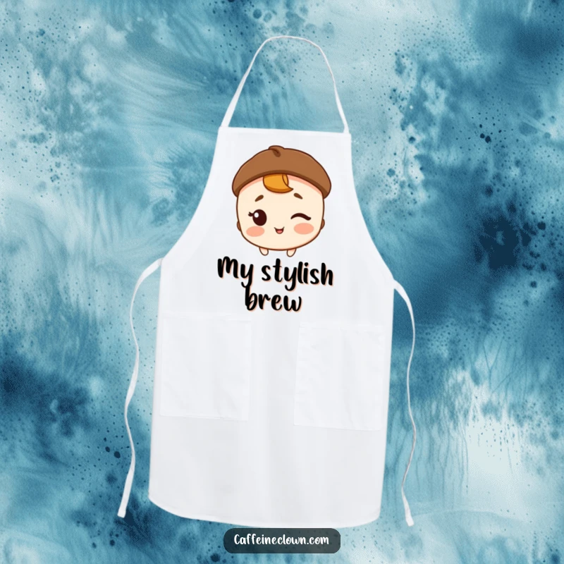 Funny apron with a winking character wearing a coffee bean hat, perfect for humorous kitchen attire.