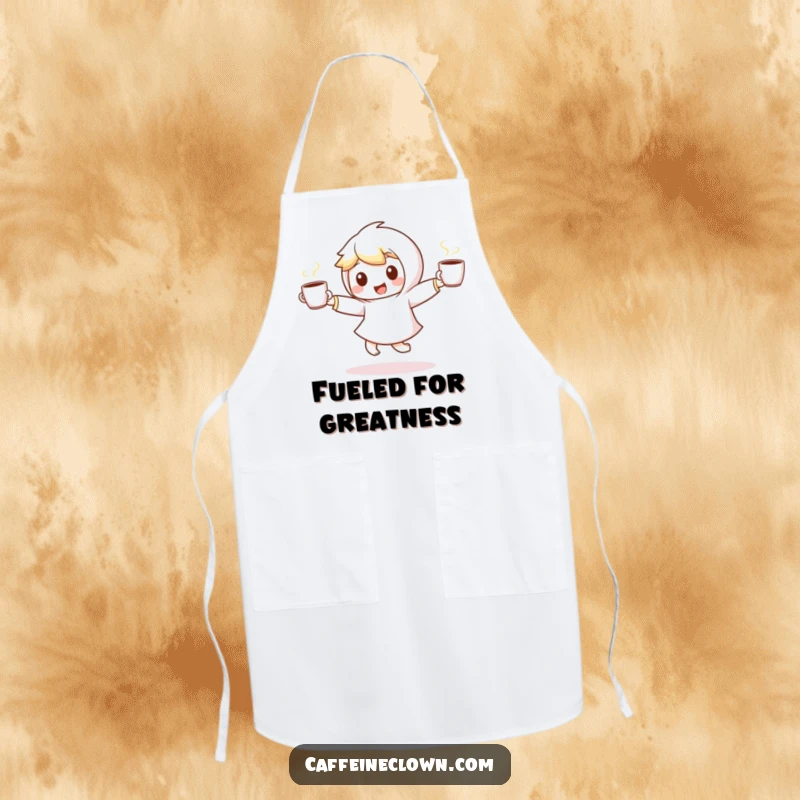 Funny apron with a small, energetic character dancing with steaming coffee cups, perfect for kitchen fun and protecting clothes with humor.