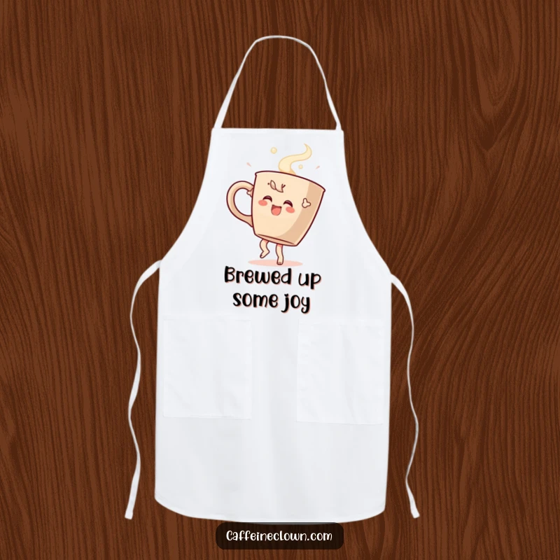 Funny apron designed with a character performing a joyful dance holding a giant steaming coffee cup, perfect for the enthusiastic coffee-loving cook.