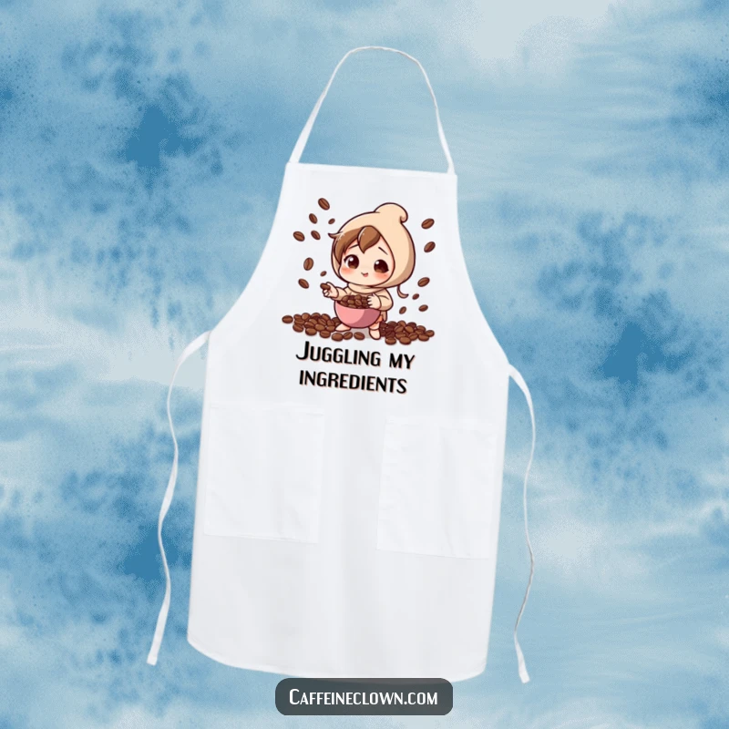 Funny apron showing a character in playful concentration, juggling coffee beans, ideal for the skilled and enthusiastic cook.