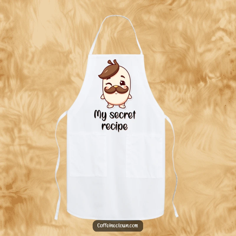 Funny apron designed with a character sporting a coffee mustache and giving a cheeky wink, ideal for the playful and stylish cook.