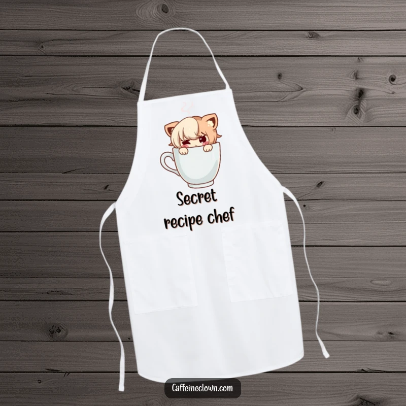 Funny apron with a character peeking mischievously from behind a steaming coffee cup, ideal for coffee-loving cooks.