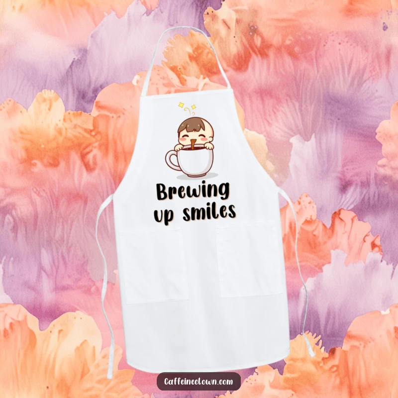 Funny apron depicting a small character joyfully pouring steaming coffee into a mug, perfect for coffee-themed kitchens.