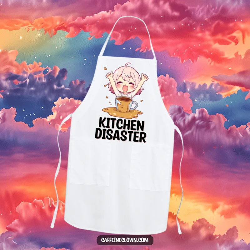 Funny apron with a character happily spilling coffee with flailing arms, perfect for kitchen duties with a humorous, chaotic coffee theme.