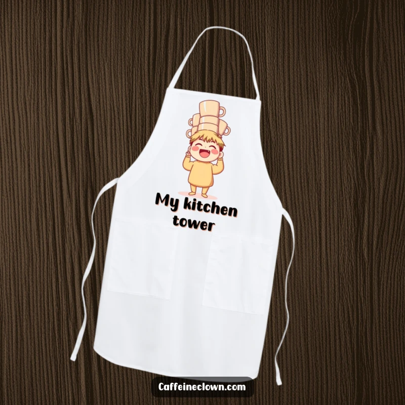 Funny Apron: A character laughs hysterically while balancing a massive pile of coffee mugs during kitchen duties.