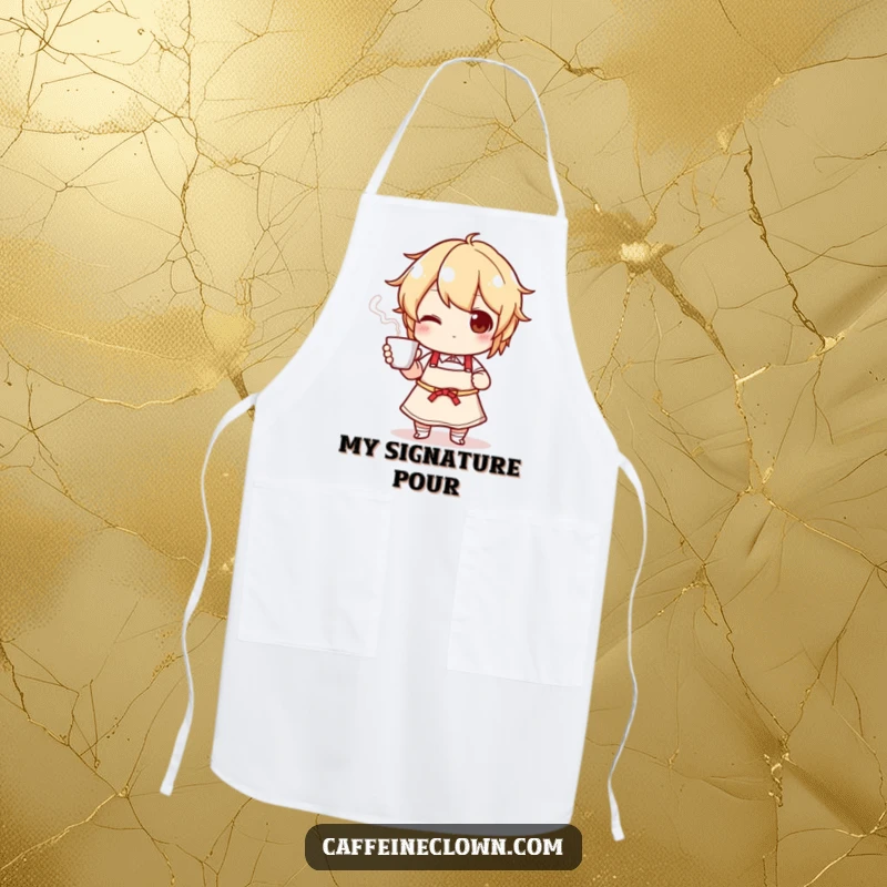 Funny apron with a character wearing an apron and proudly presenting a steaming cup, ideal for humorous cooking sessions.