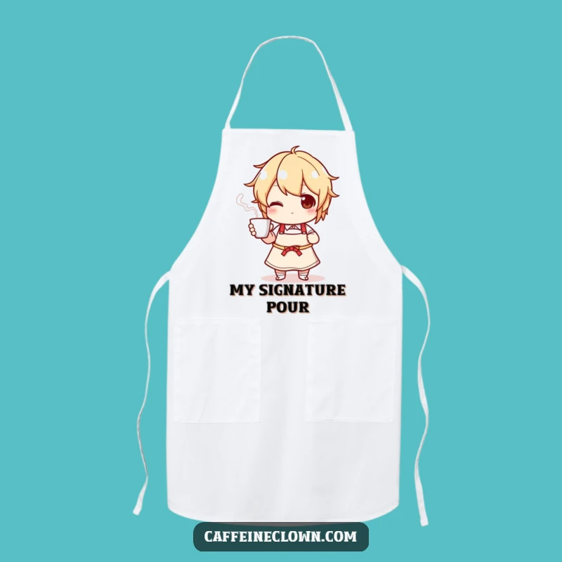 Funny Cooking Apron: Character Proudly Presents Steaming Cup!