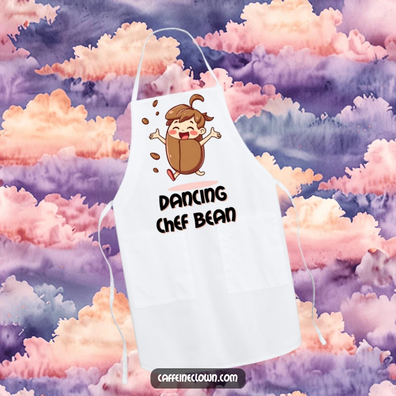 Funny apron featuring a joyful character dancing while holding a giant coffee bean, perfect for kitchen wear and cooking.