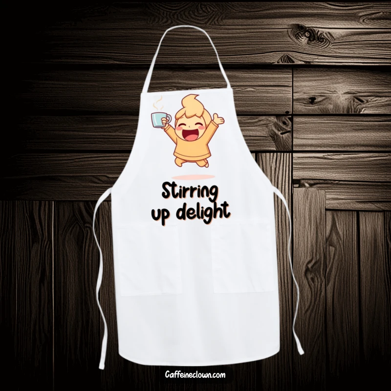 Funny Apron showing an ecstatic character bouncing with energy, holding a steaming coffee cup, perfect for cooking.