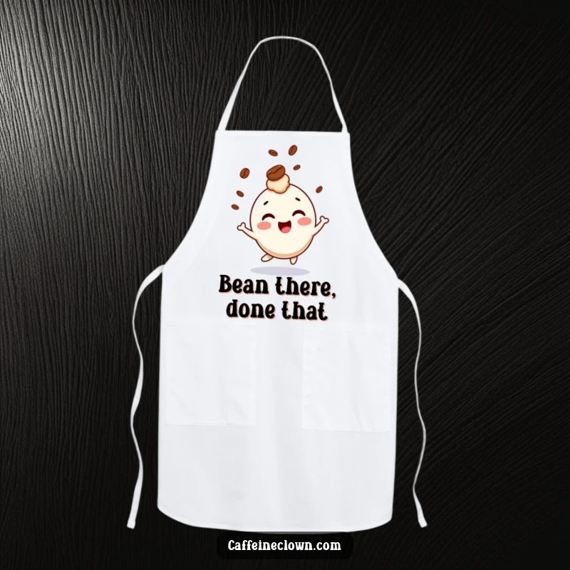 Funny apron depicting a giggling character bouncing with a coffee bean playfully bouncing on its head, perfect for kitchen fun.