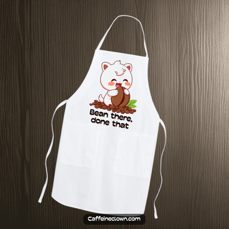 Funny Apron with a cute character giggling enthusiastically while holding a coffee bean, perfect for kitchen fun.