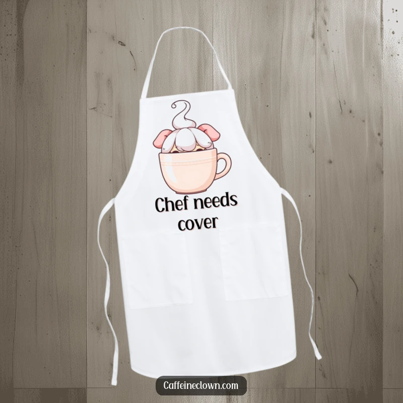 Funny apron featuring a character peeking from behind a steaming coffee mug, perfect for kitchen duties with a humorous, stealthy coffee theme.