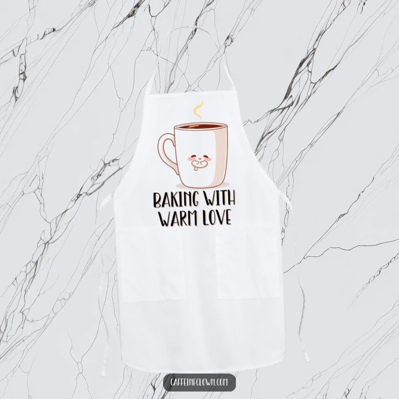 Funny apron showcasing a character hugging a large, steaming coffee mug, ideal for kitchen use and coffee lovers who appreciate cute designs.