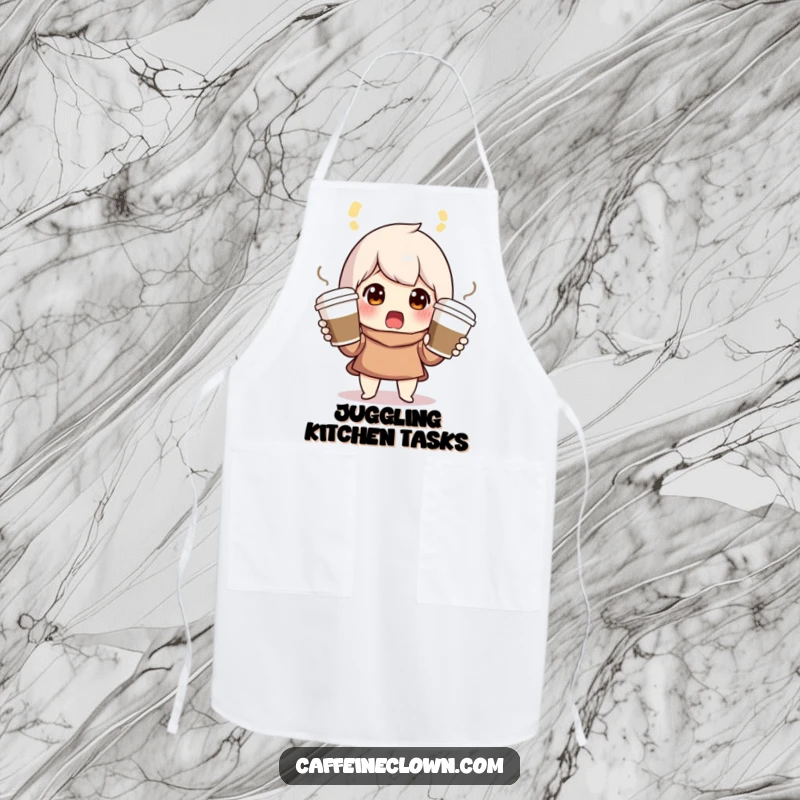 Funny apron depicting a surprised character juggling three coffee cups, ideal for a busy kitchen environment.