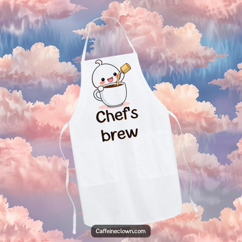 Funny Apron: Kawaii character gleefully pouring coffee into a gigantic cup, ideal for kitchen fun and coffee enthusiasts.