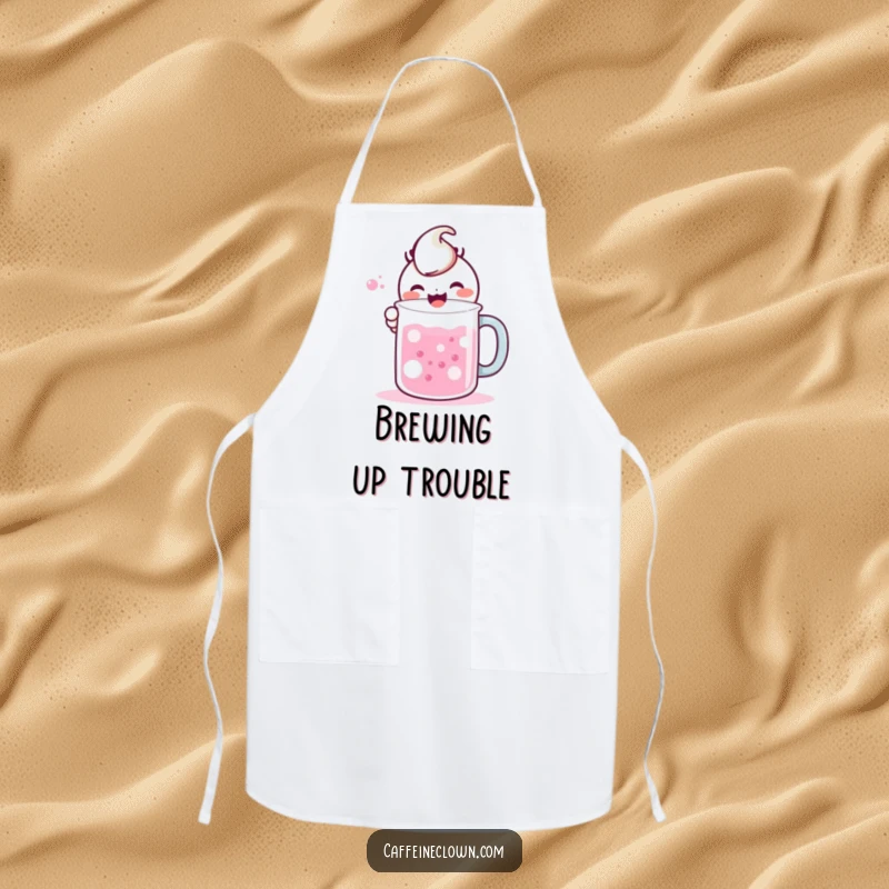 Funny apron with a kawaii character gleefully mixing bubbling liquids in a large mug, perfect for kitchen experiments and fun.