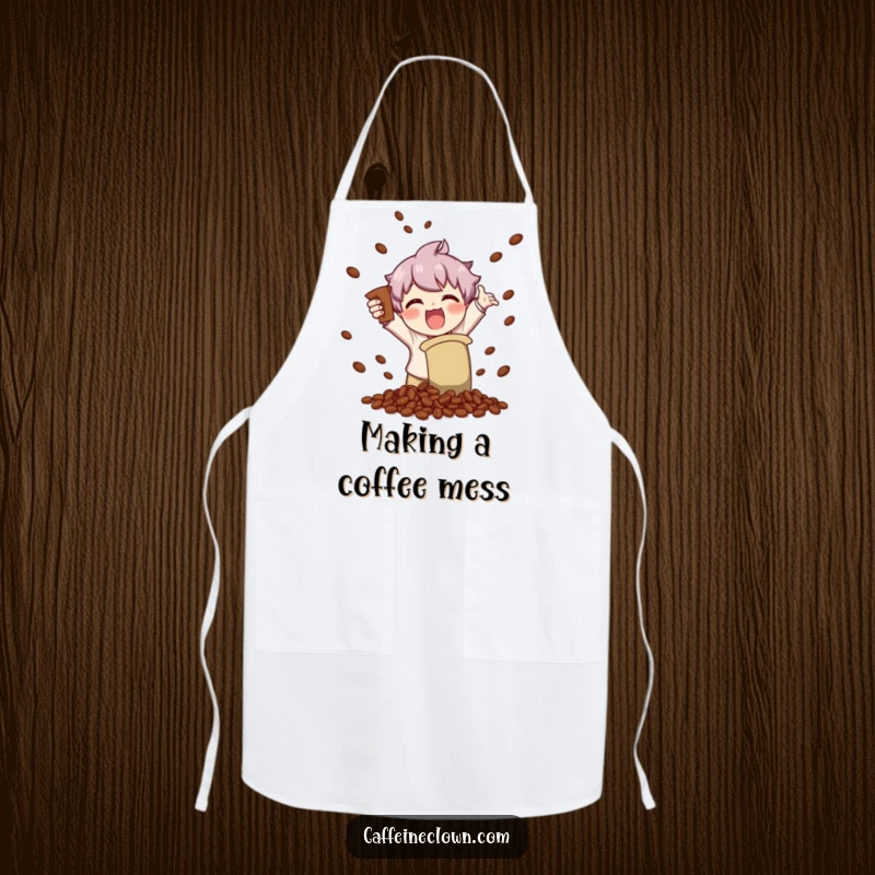 Funny kitchen apron featuring a character gleefully shaking a coffee bag, scattering beans with excitement, perfect for coffee enthusiasts.