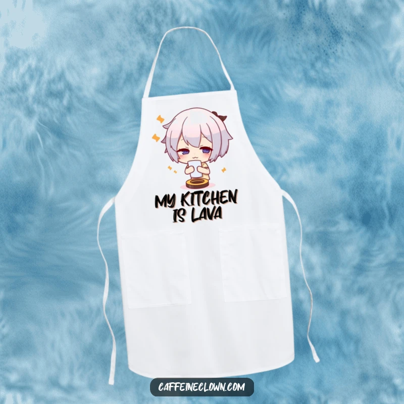 Funny apron with a cute character fanning themself dramatically, expressing an overheated feeling, ideal for cooking enthusiasts.