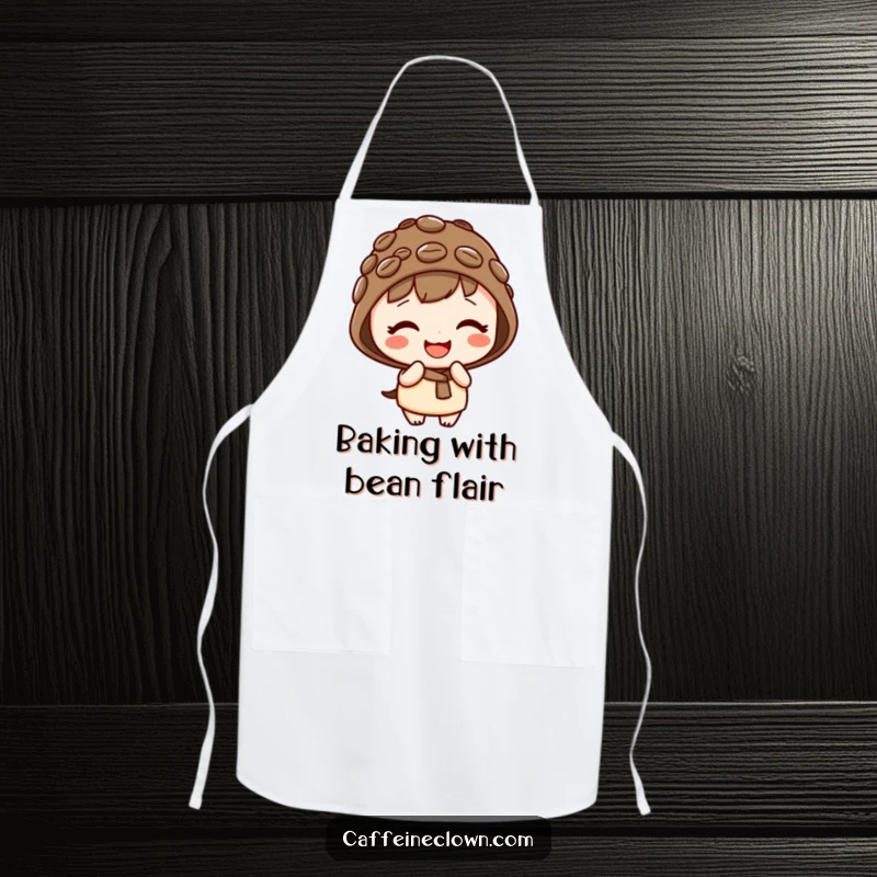 Funny kitchen apron featuring a cute kawaii character wearing a coffee bean hat, giggling playfully, ideal for bakers.