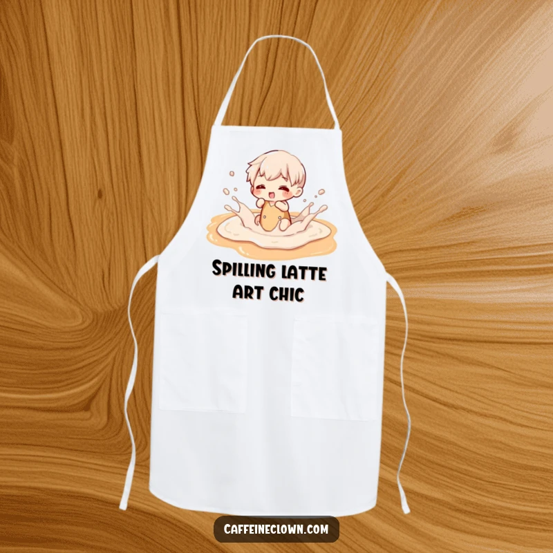 Funny apron with a character gleefully splashing in a frothy latte art design, ideal for a coffee-loving cook.
