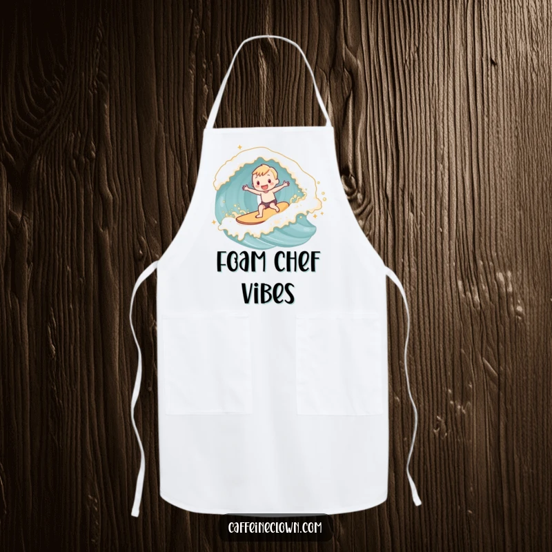 Funny adorable subject joyfully surfing a wave made of latte foam, on a practical and stylish kitchen apron.