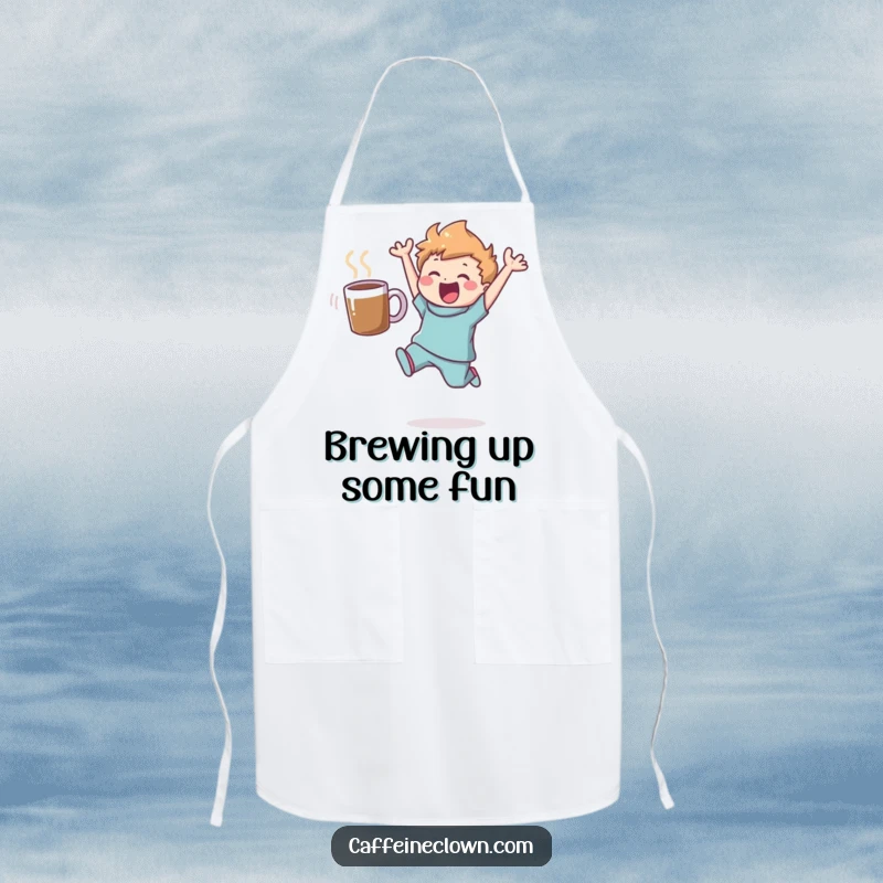 Funny apron showing a character leaping with a coffee mug, perfect for chefs and home cooks who find joy in coffee preparation.