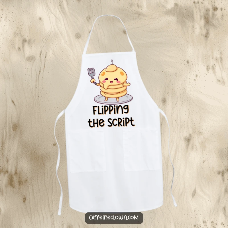 Funny pancake flip apron showing a playful pancake character attempting to flip itself with a spatula, a comedic kitchen essential.