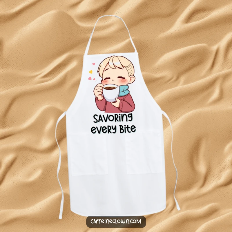 Funny apron showing a character savoring coffee with eyes closed, perfect for chefs and home cooks who enjoy the process and the brew.