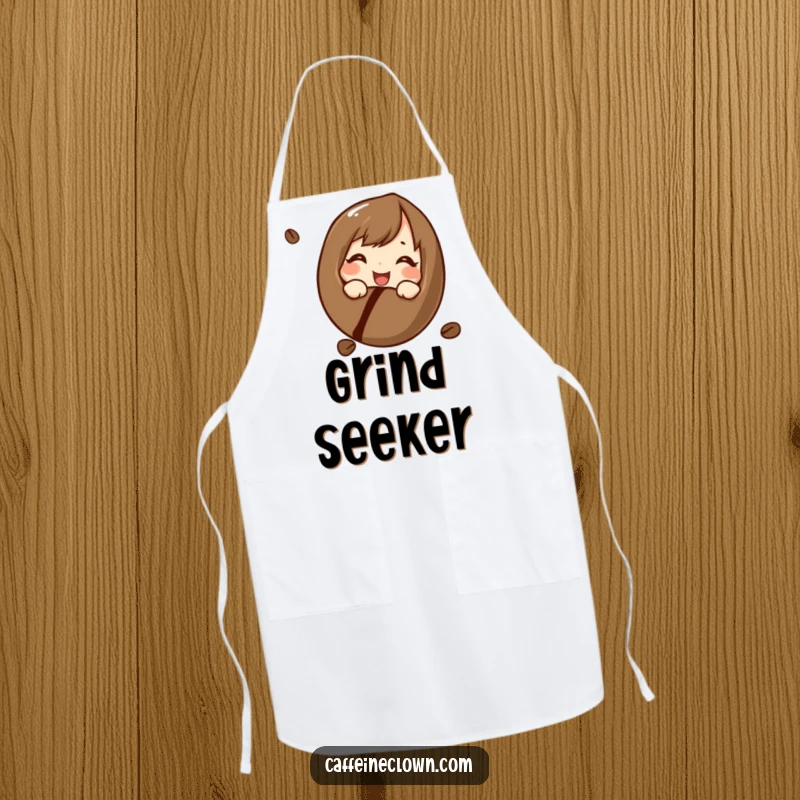 Funny apron with a character curiously and cheerfully looking at a coffee bean, perfect for kitchen duties with a humorous, coffee-originated theme.