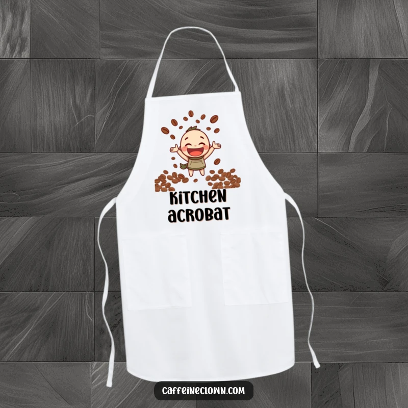 Funny Apron: Character with a broad, happy grin joyfully juggles coffee beans, perfect for a playful cook.