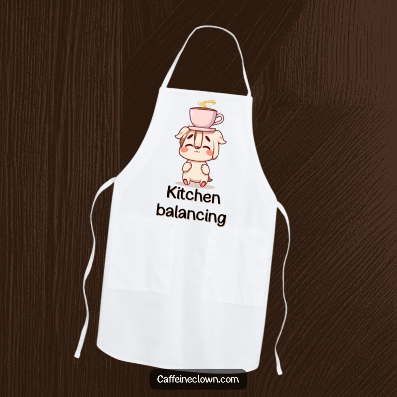 Funny apron with a character clumsily balancing a coffee cup on their nose, perfect for kitchen duties with a humorous, clumsy coffee theme.